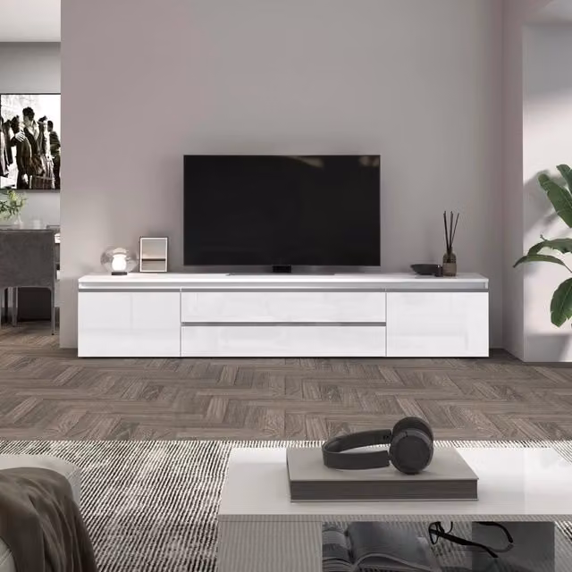 WHOUS Mobile porta tv Magic 2 ante e 2 cassetti centrali bianco lucido 240x40x55 cm