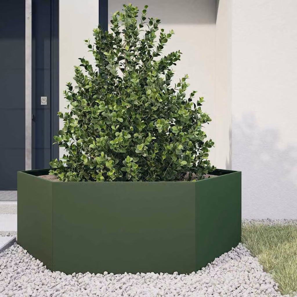 Fioriera da giardino esagonale vidaXL in acciaio verde oliva L: 138 cm, P: 120 cm, H: 45 cm