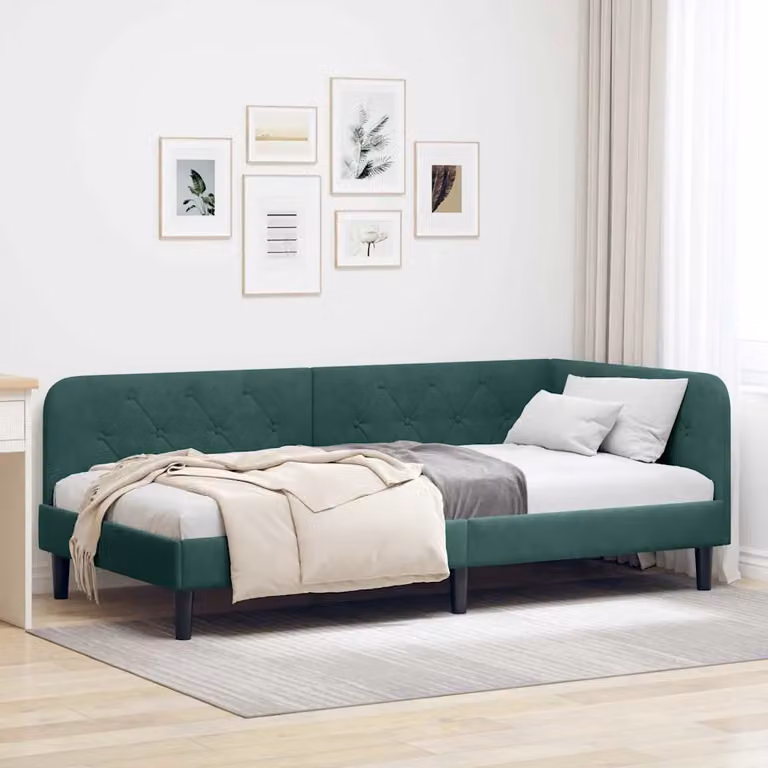 Cornice del letto ad angolo vidaXL in velluto verde, modello moderno con chaise lounge asimmetrica, L/P/H: 204 x 140 x 104 cm
