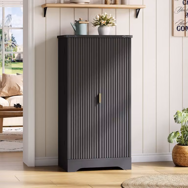 Flieks: armadio da cucina alto con LED, armadio da bagno con ripiani regolabili in altezza e ripiani sulle ante, 60,5 x 40 x 120 cm, nero