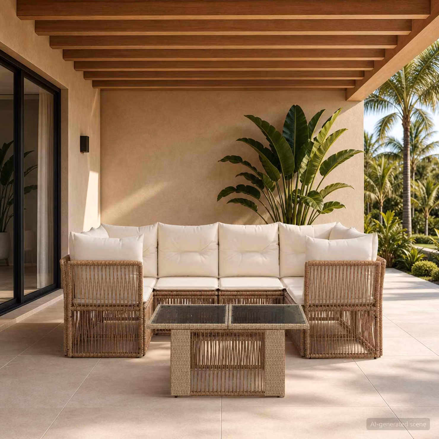 Set Divano da Giardino vidaXL 7 pz Beige con Poltrona, Elementi Angolari e Tavolino da Caffè in Polyrattan e Acciaio con Cuscini Inclusi