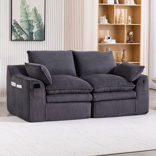 Divano a 2 posti REDOM in velluto a coste grigio con cuscini, L: 191 cm, P: 94 cm, H: 85 cm – 1