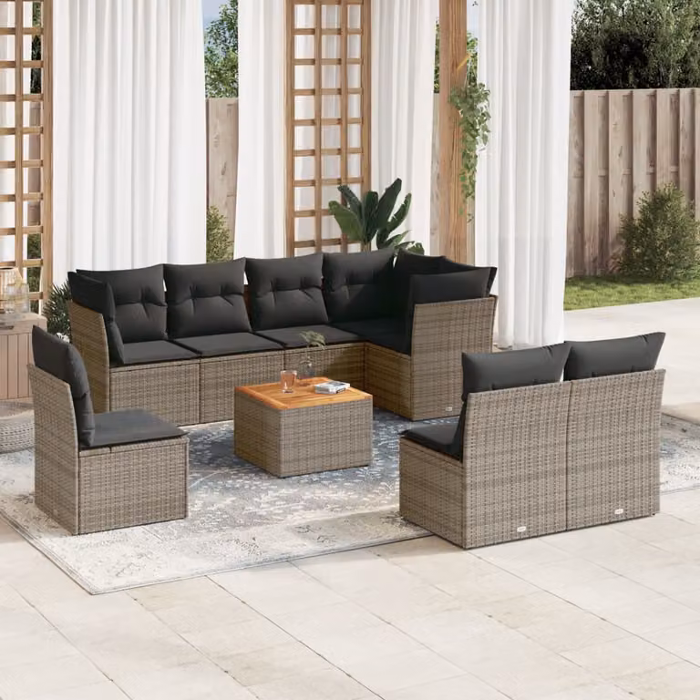 vidaXL Set Divano da Giardino 9 pz in Polyrattan Grigio con Cuscini e Tavolino da Caffè