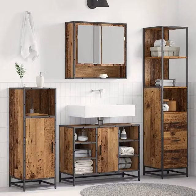 Set di mobili per il bagno vidaXL in legno e metallo marrone con ripiani e cassetti L/P/H: 35 x 37,5 x 166 cm – 1