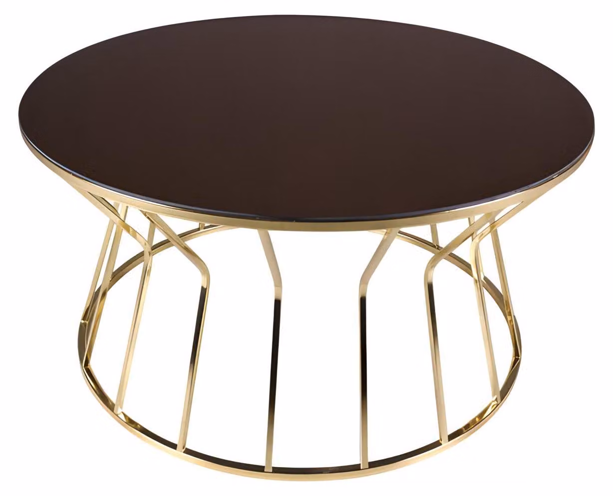 Runder Couchtisch aus Glas mit stabilem Metallgestell in Gold