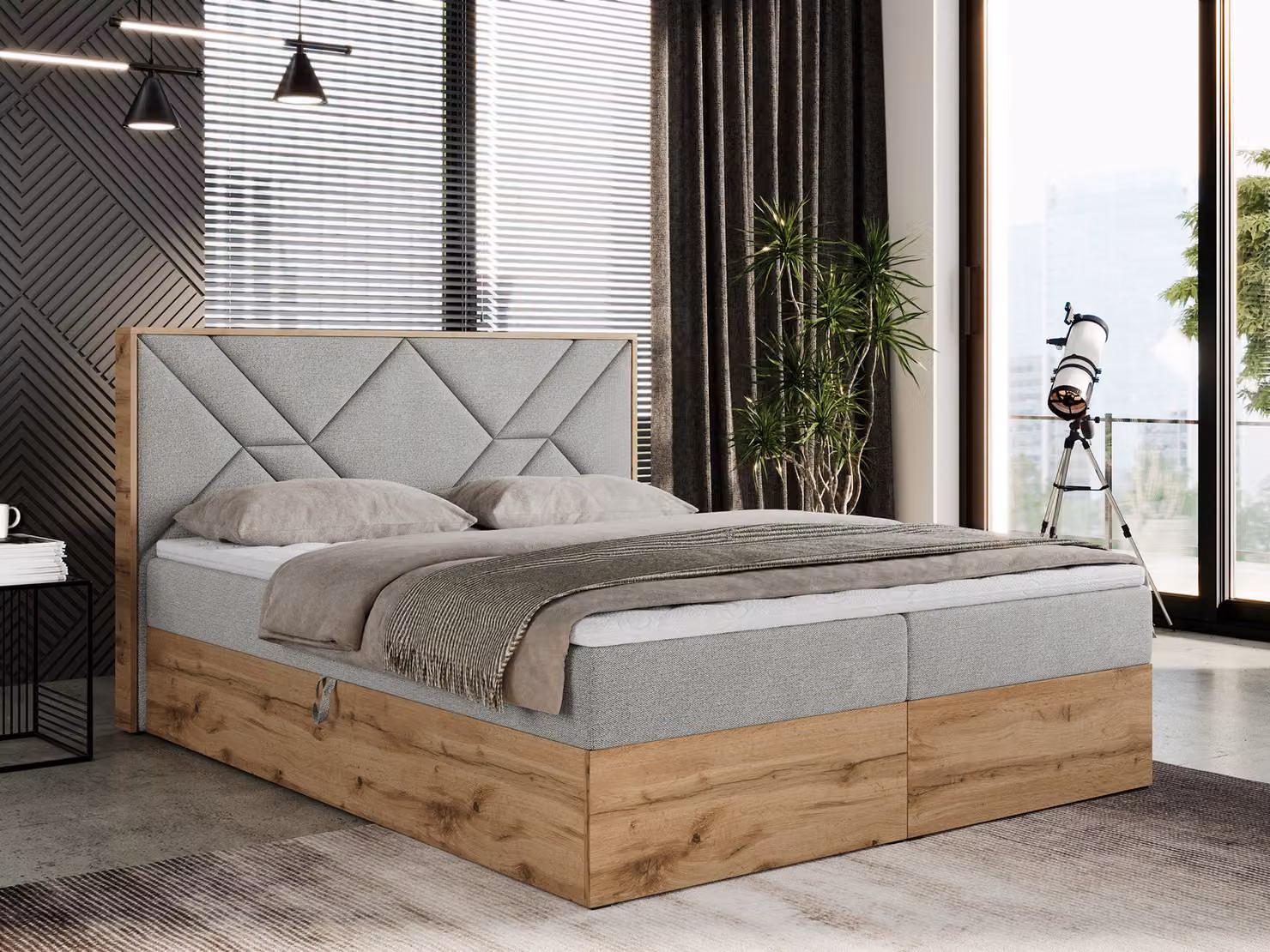 Letto boxspring 180x200 con contenitore, letto imbottito 180x200 con materasso H4, letto boxspring 180x200 con testiera, letto boxspring in legno massello - Gunar - Grigio chiaro strutturato - H4