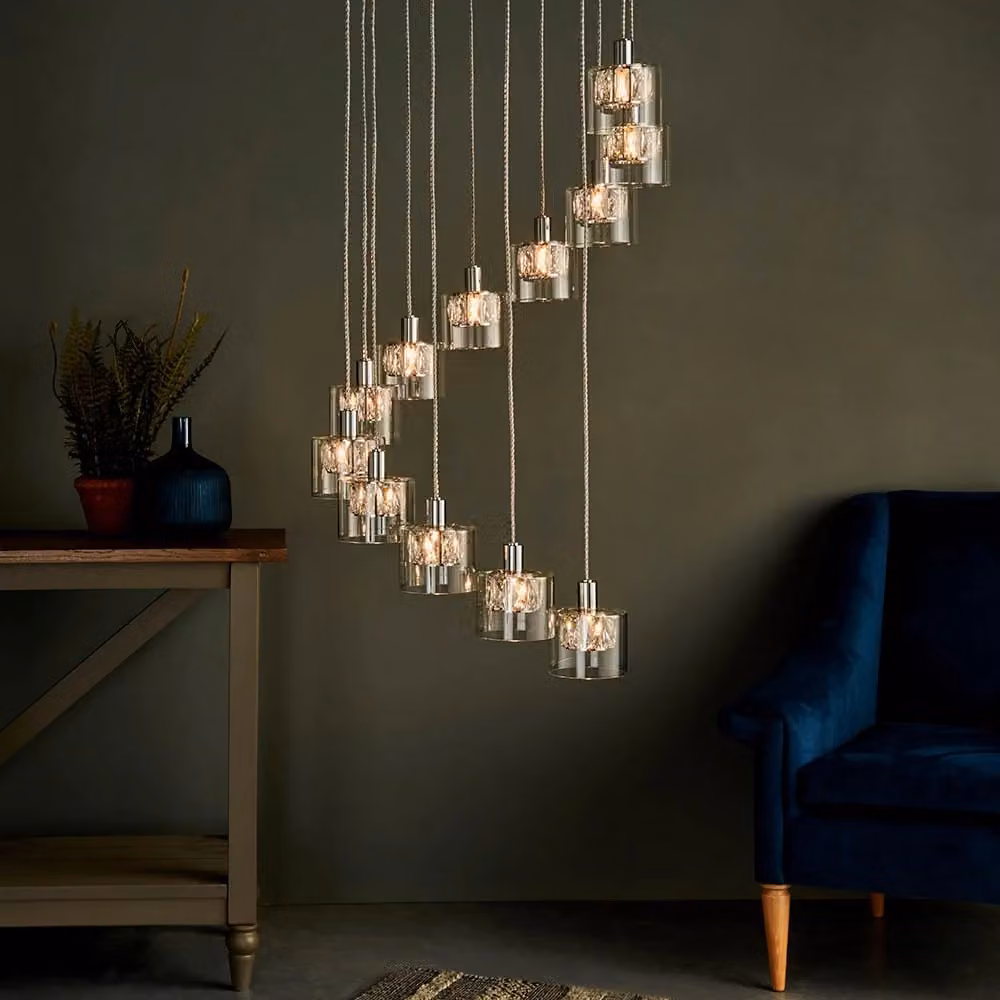 Lampadario sospeso rotondo Endon Verina in cromo e cristallo trasparente con 12 lampadine G9, regolabile in altezza – 2