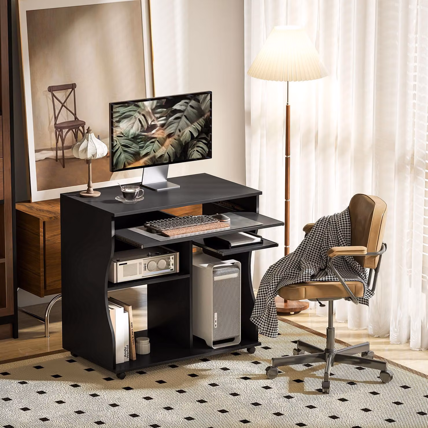 okwish scrivania moderna per stampante, tastiera, PC, scrivania da lavoro per ufficio con rotelle e vassoio per tastiera, nero