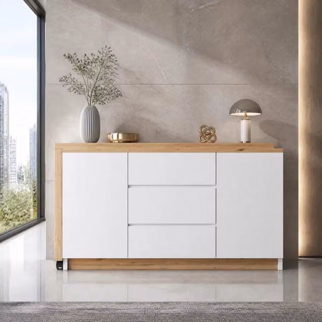 Scrivania pieghevole con piano girevole; 2 ante e 3 cassetti; 120 × 50 × 76;5 cm; bianco e rovere