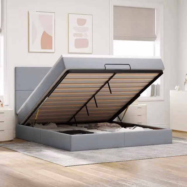 Letto con contenitore a sollevamento vidaXL in tessuto grigio e bianco con materasso, luci sottostante e porta USB, L: 160 cm, P: 200 cm, H: 203 cm – 1