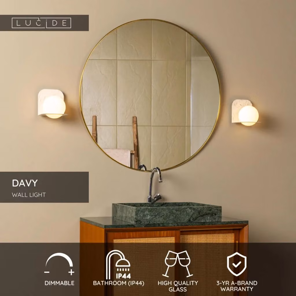 Applique da bagno DAVY Lucide con sfera in vetro e marmo, colore bianco e nero, IP44, attacco G9 – 2