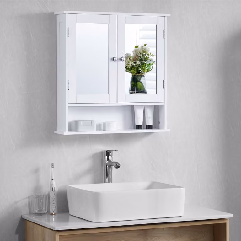 Mobile da bagno con specchio, in legno, bianco, per il bagno