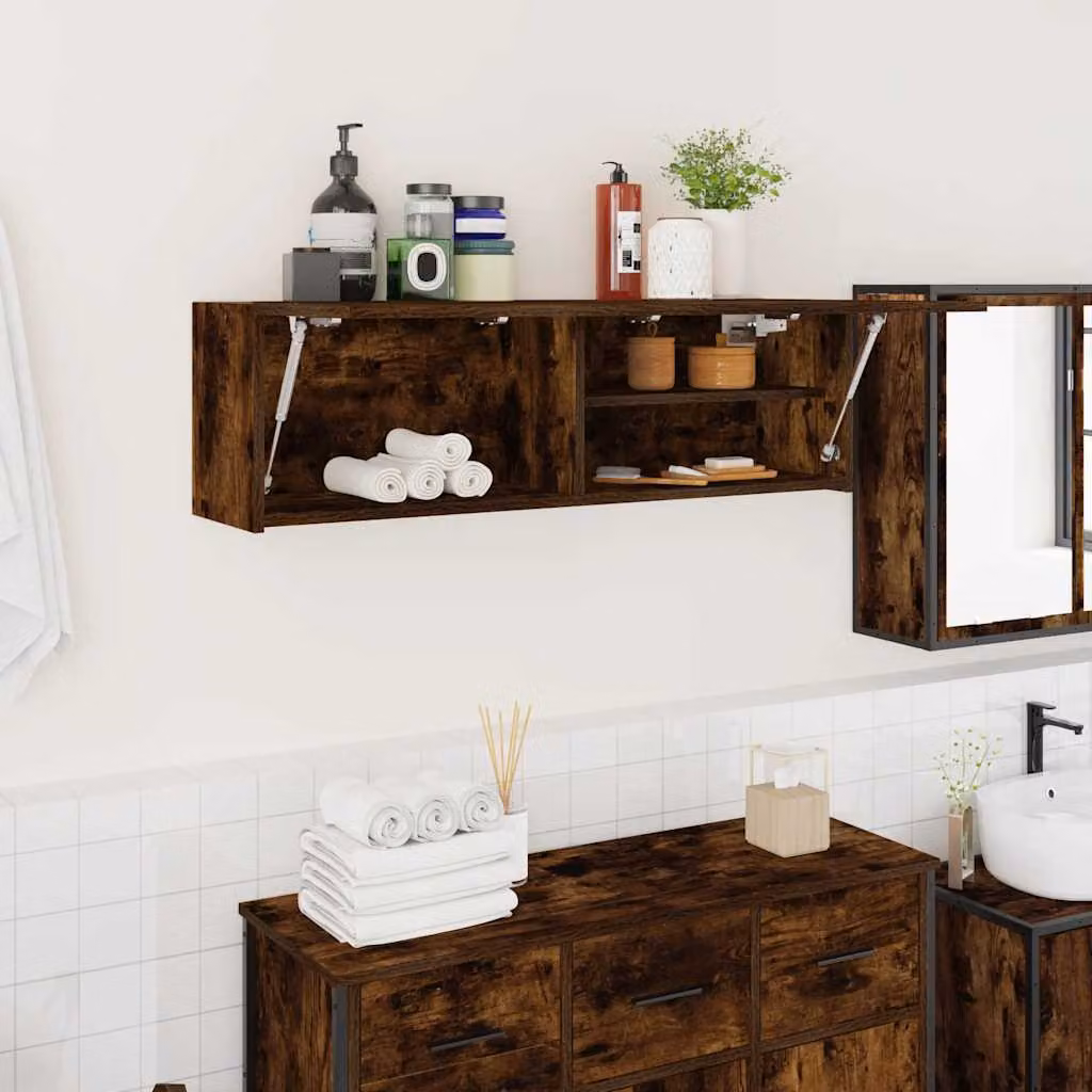 Armadietto da bagno vidaXL in legno MDF Rovere Fumo con ante a battente e ripiani interni, L 100 x P 25 x H 30 cm