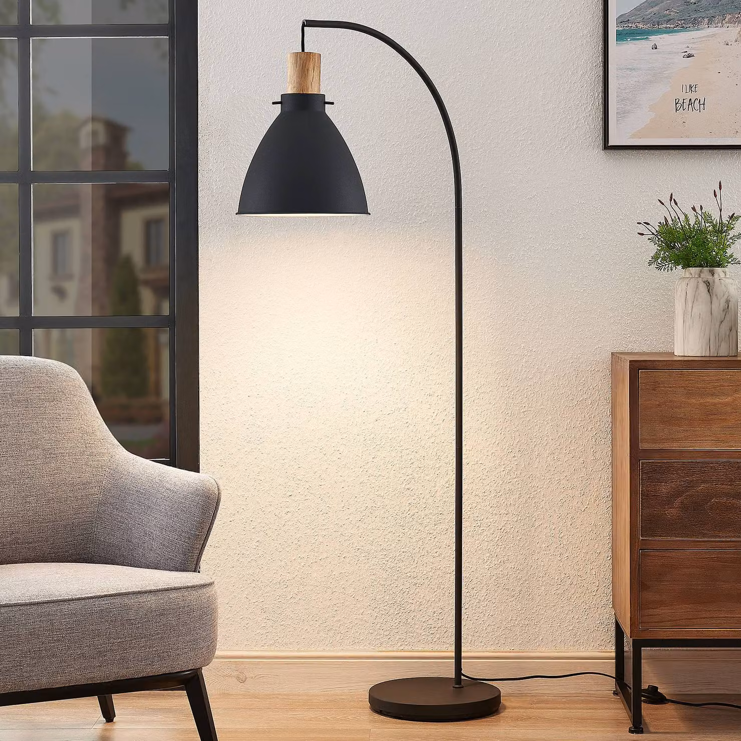 Lampada da terra Trebale Lindby, Nero, Soggiorno / Sala da pranzo, Metallo, Scandinavo, Lampada da terra