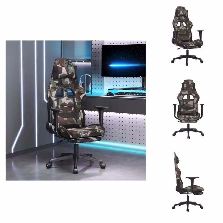 Sedia da gaming vidaXL con poggiapiedi, motivo camouflage e tessuto nero - Poltrona da gaming