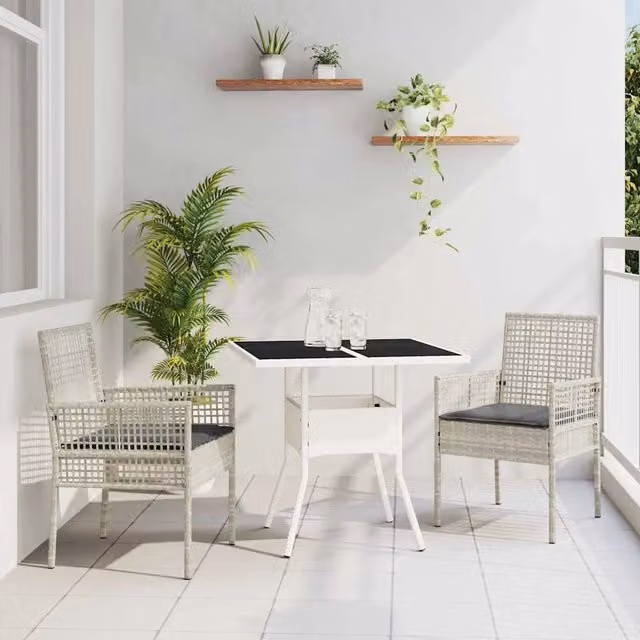 Set da pranzo per giardino e terrazzo vidaXL in polyrattan e vetro grigio con tavolo quadrato e 3 sedie