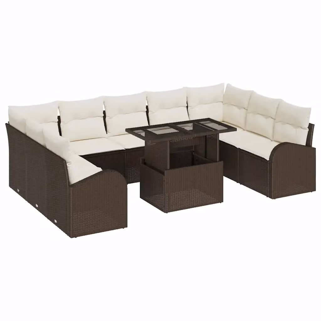 Set Divano da Giardino vidaXL 10 Pezzi Marrone e Beige con Cuscini e Tavolino da Caffè in Rattan e Metallo – 2