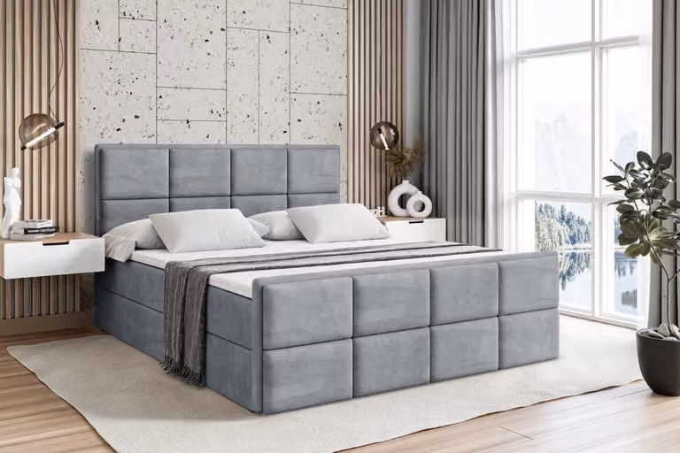 Letto boxspring ALTDECOR con pediera, materasso H4 e topper - 140x200 cm - NOVA-Z - Velluto grigio - Letto imbottito con contenitore e rete a doghe, letto con spazio contenitivo