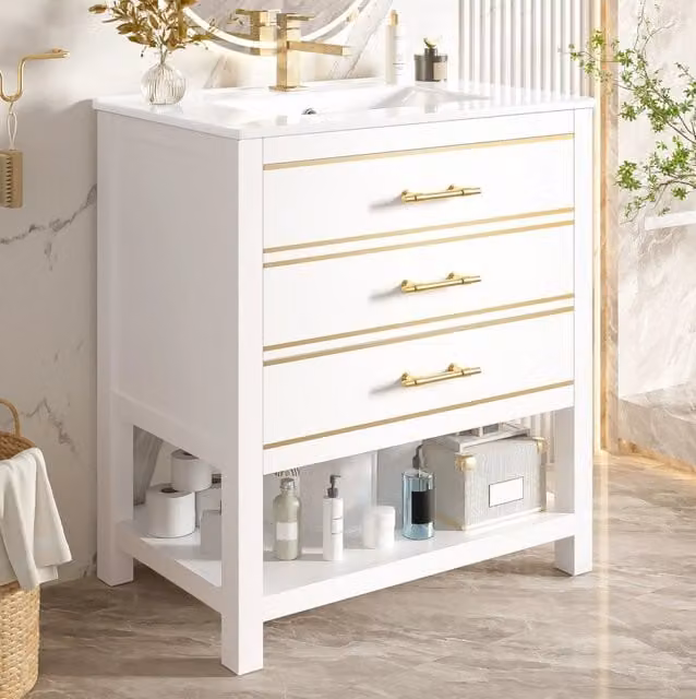 Mobile lavabo moderno con vasca in ceramica bianco e oro, L: 76 cm, H: 86 cm, P: 46,5 cm