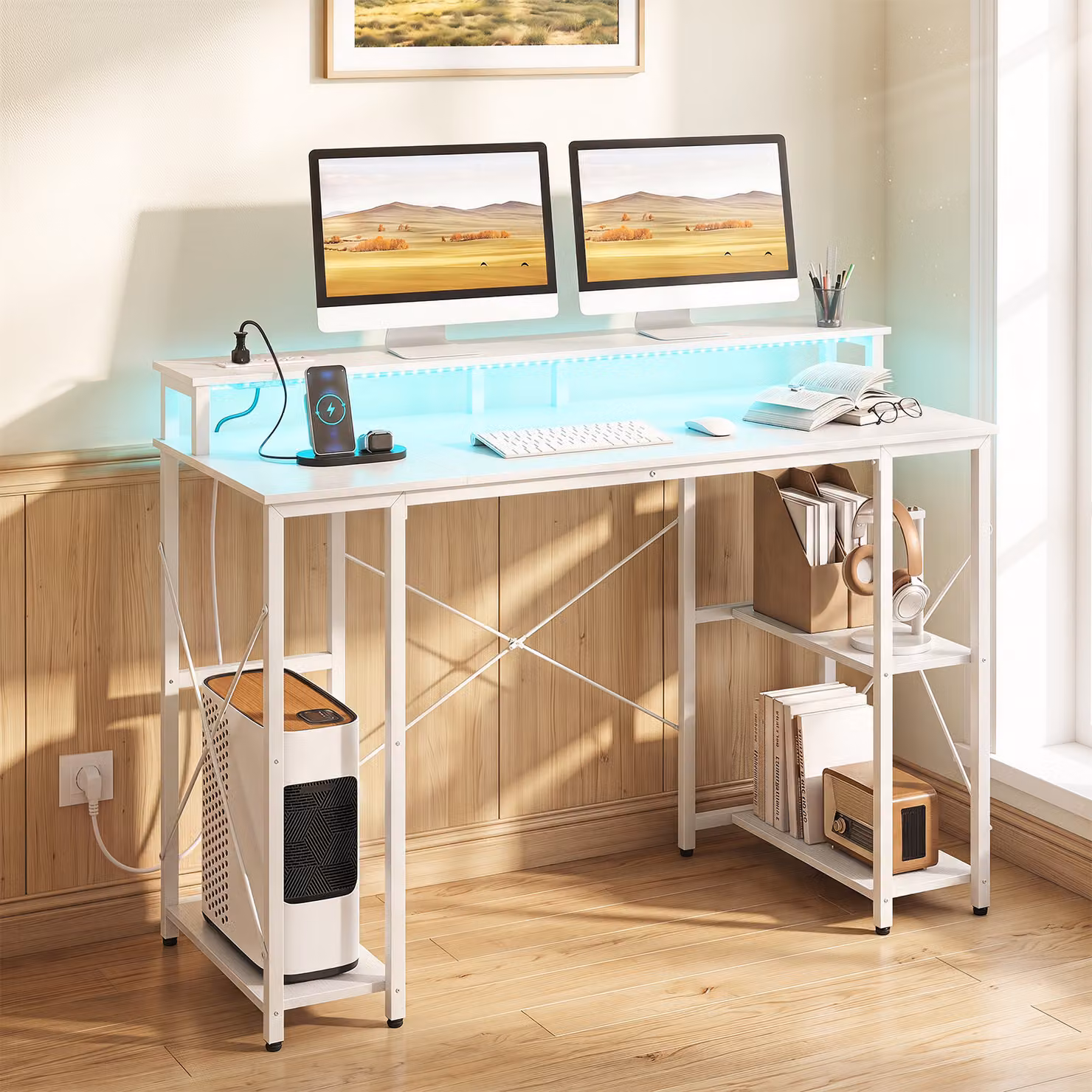 Costway Scrivania da Gaming e Studio Moderna con Stazione di Ricarica e Luci, Tavolo PC con Ripiani Reversibili in Legno e Acciaio, Bianco