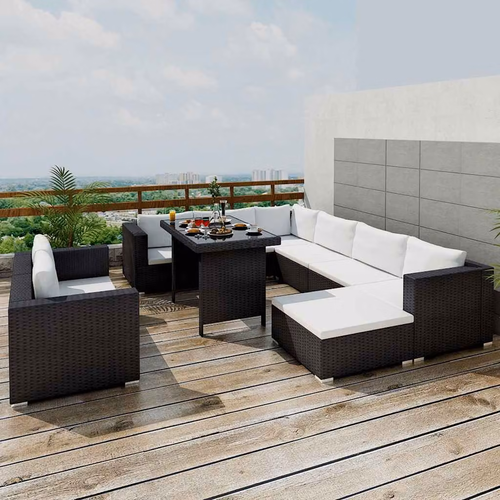 Set di divani da giardino moderno vidaXL in polyrattan nero con cuscini bianchi