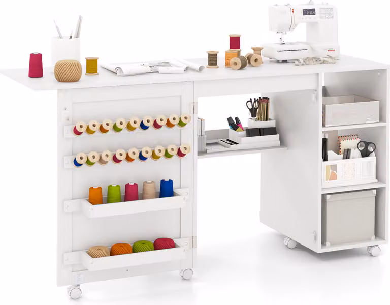 Tavolo pieghevole per cucito COSTWAY, stazione multifunzionale per macchine da cucire con ripiani, 18 clip e contenitori nascosti, tavolo portatile per hobby, colore bianco