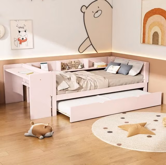 Letto singolo per bambini 90x200 cm con letto estraibile; scrivania e 3 ripiani laterali; rosa