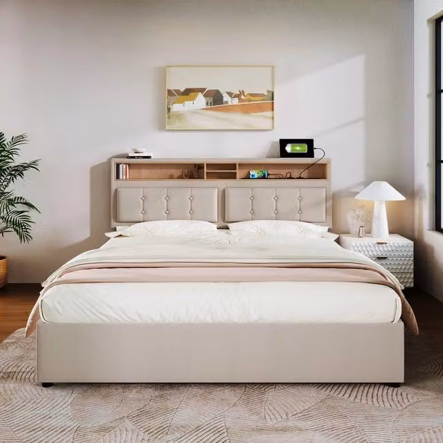 Letto imbottito matrimoniale contenitore con rete a doghe ¨C Minimal ¨C tessuto lino, 160x200 cm, testiera con presa USB C