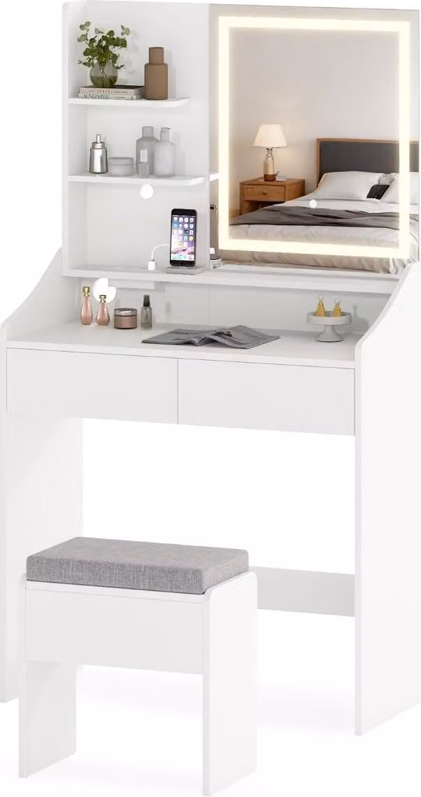 Mobiletto da toeletta con specchio, luci a LED e sgabello contenitore, bianco