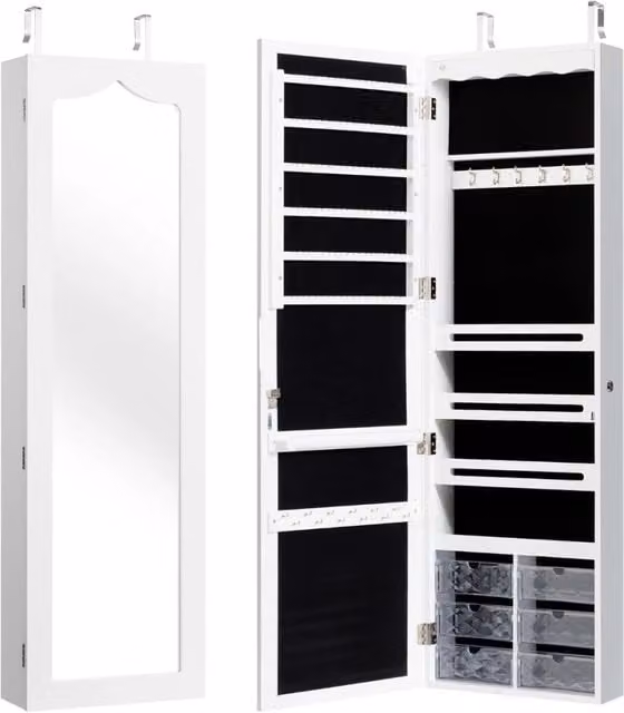 Armadio portagioielli DESIGN IN con specchio, 5 luci LED e 6 cassetti, montaggio a muro, Bianco