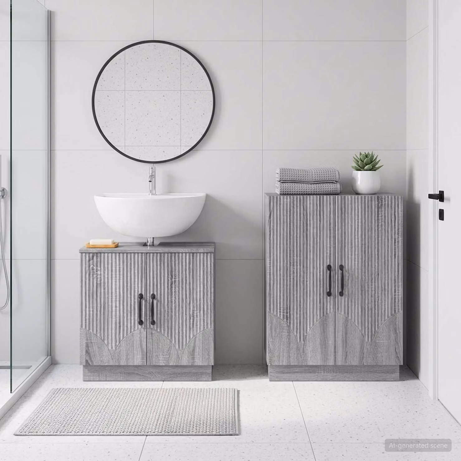 Set di mobili da bagno vidaXL HOORN composto da mobile sottolavabo e mobileto laterale in legno, colore grigio, stile moderno, autoportante