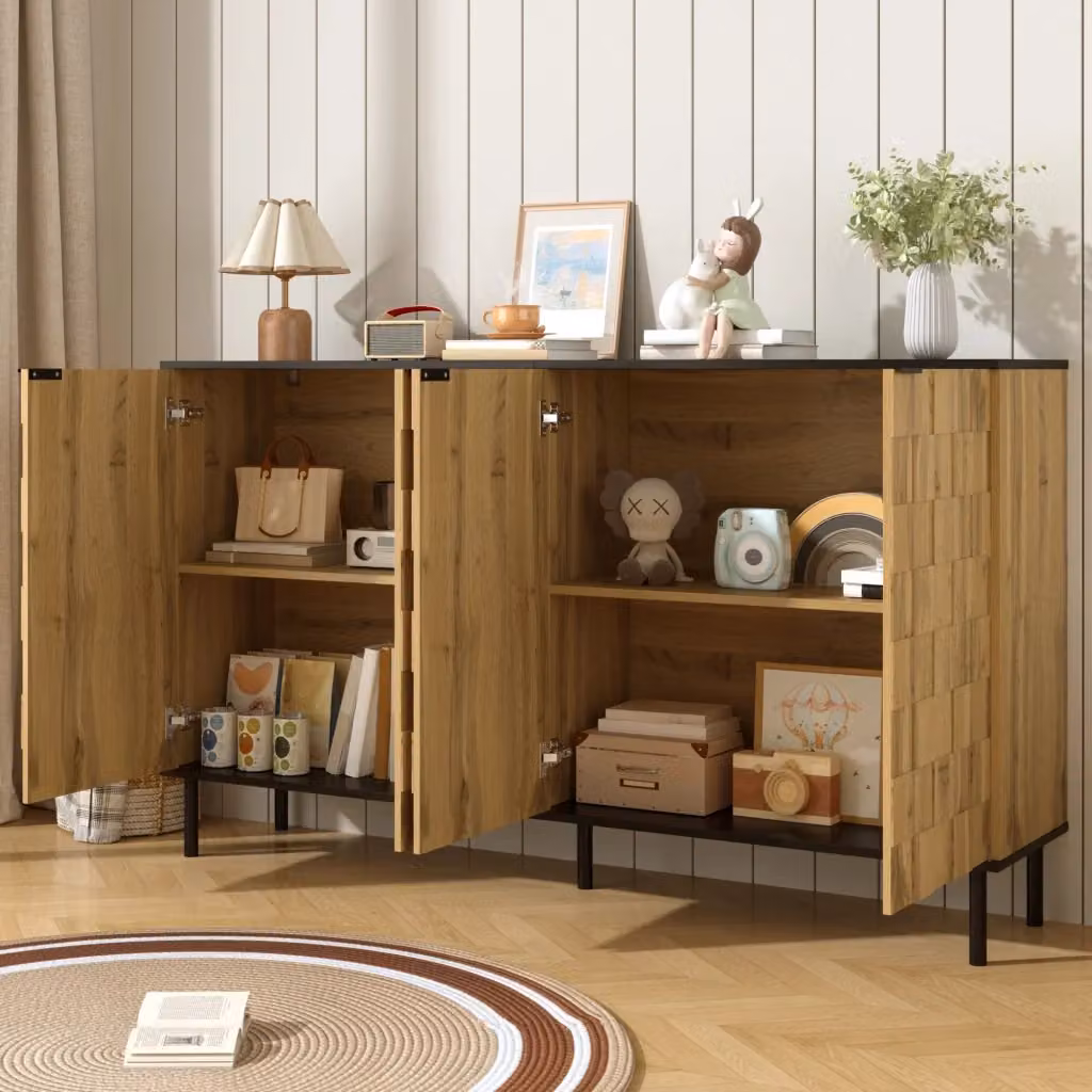 Credenza moderna con 2 ante e ripiano fisso in effetto legno naturale e piedi in metallo nero, L: 160 cm, P: 35 cm, H: 80.5 cm – 2