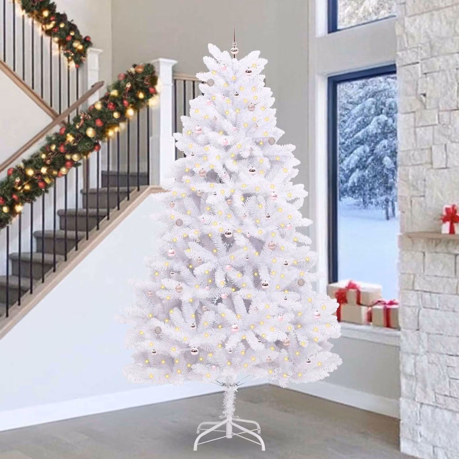 Albero di Natale Artificiale Moderno vidaXL Bianco con Rami Pieghevoli e Luci LED RGB