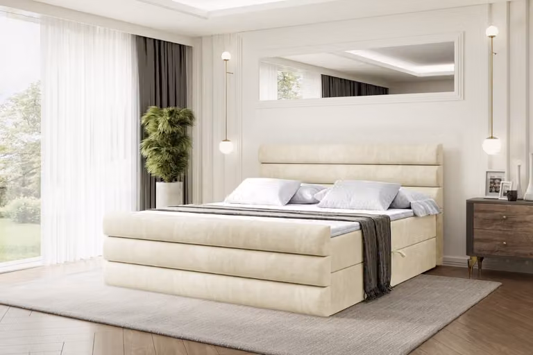 Letto boxspring ALTDECOR con pediera, materasso H4 e topper - 200x200 cm - CELESTIA-Z - Velluto beige - Letto imbottito con contenitore e rete a doghe, letto con spazio contenitivo