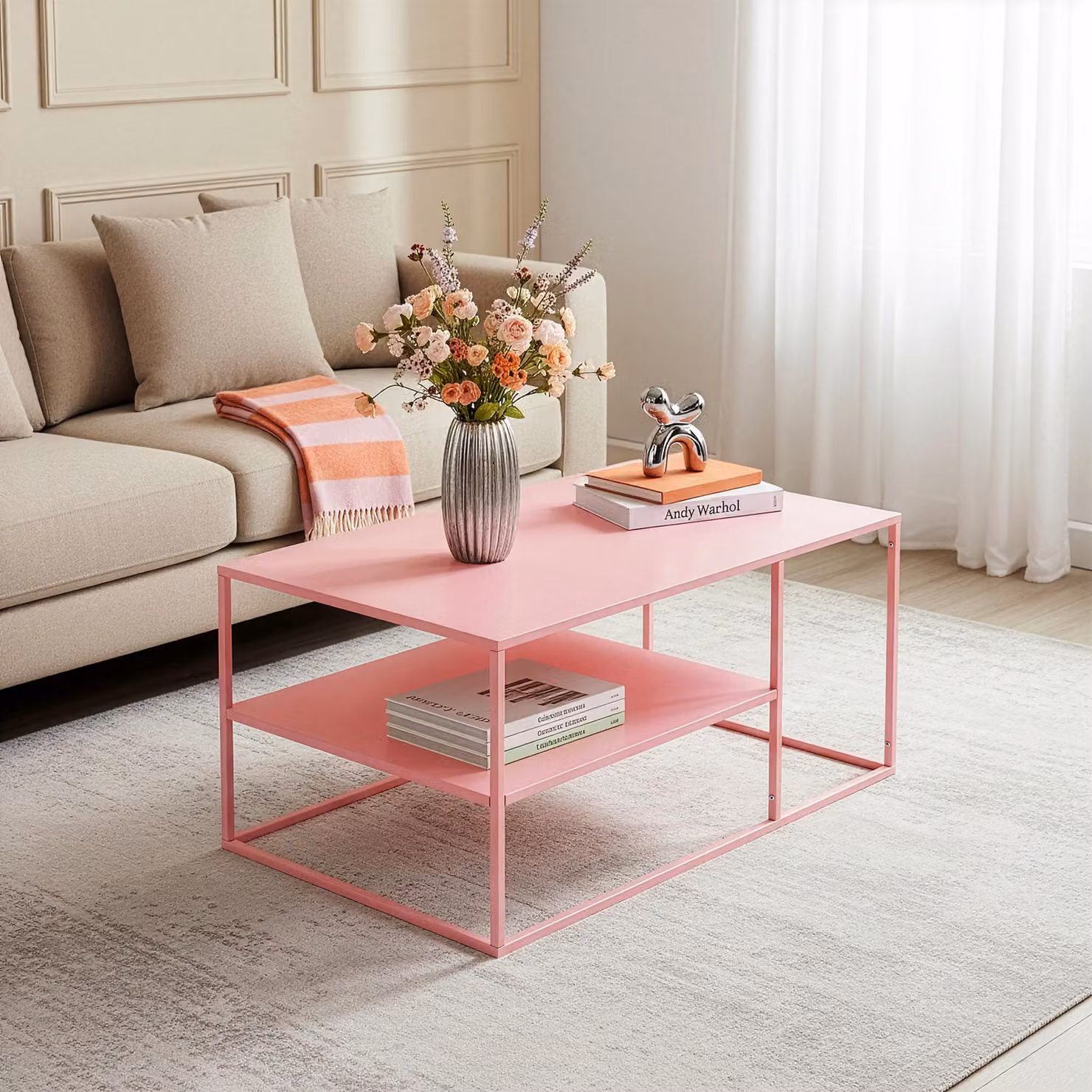 Tavolino 'Solund' in acciaio 90 x 60 x 45 cm rosa
