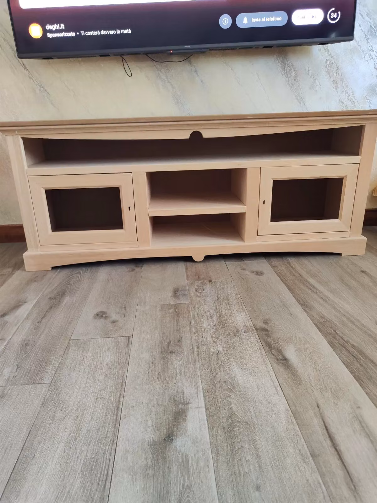 Porta TV Mobili 2G in legno di pino beige con 2 porte e 3 vani a giorno L: 170 cm, P: 46 cm, H: 69 cm – 3