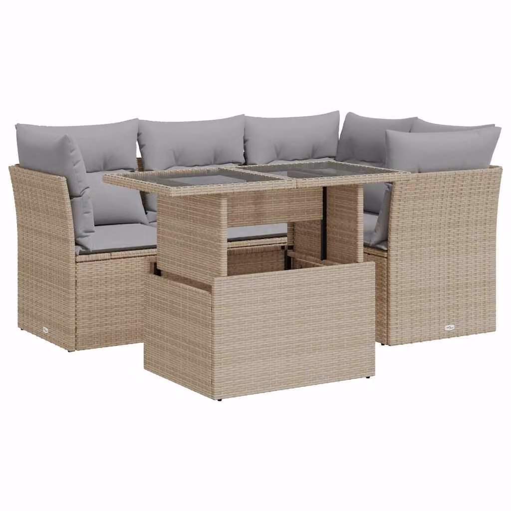 Set Divano da Giardino 5 pz con Cuscini Beige in Polyrattan