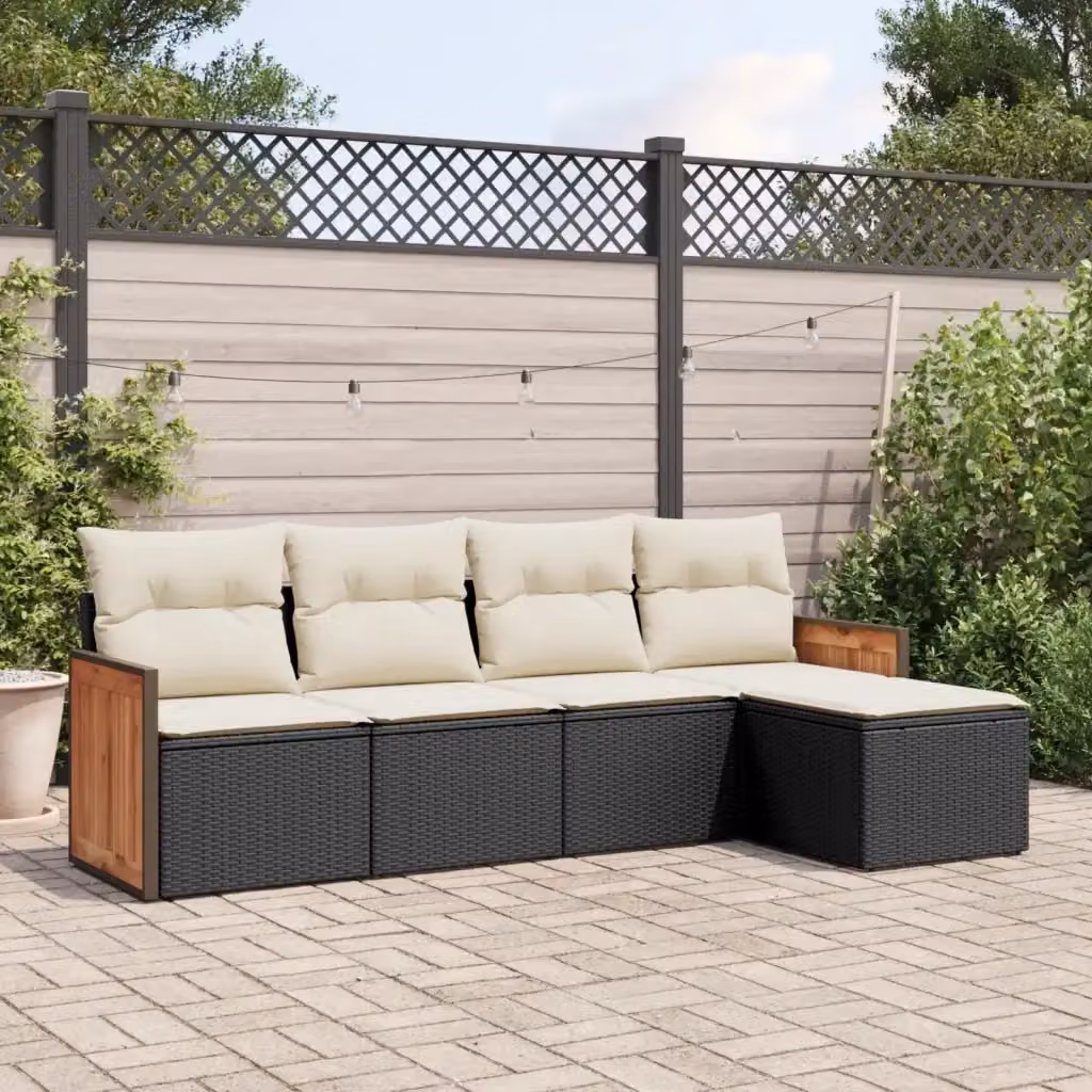 Set Salotto da Giardino a L con 5 Pezzi in Polyrattan Nero e Cuscini Bianchi DESIGN IN – 2