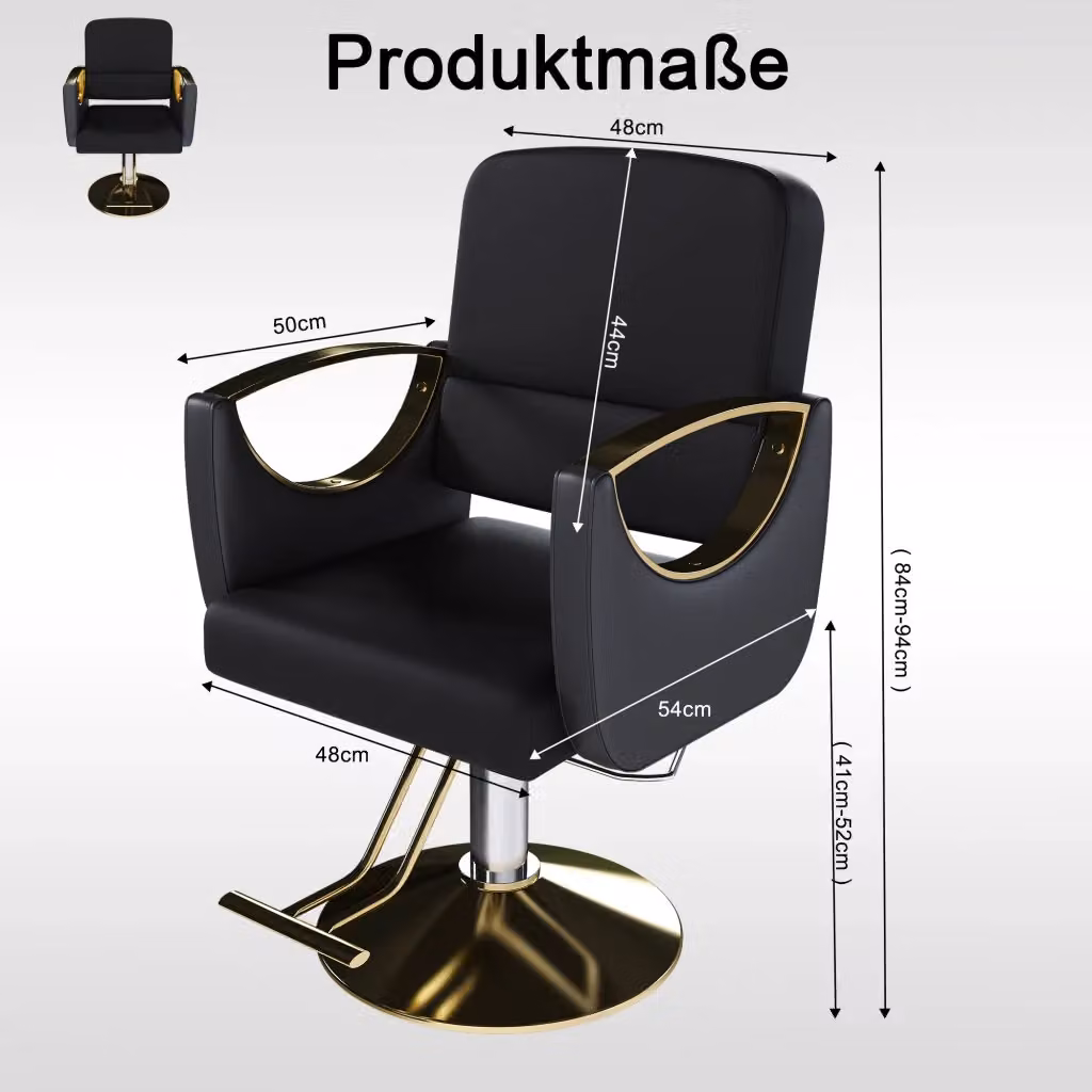 Sedia da barbiere idraulica Minimal nero e oro in similpelle con struttura girevole a 360 gradi e base stabile H 90 x L 62 x P 22 cm – 2