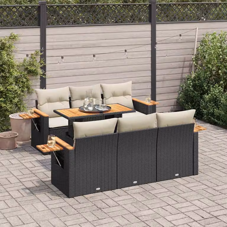 Set Divano da Giardino a Forma di U vidaXL in Polyrattan e Legno di Acacia con 7 Cuscini, Nero e Bianco
