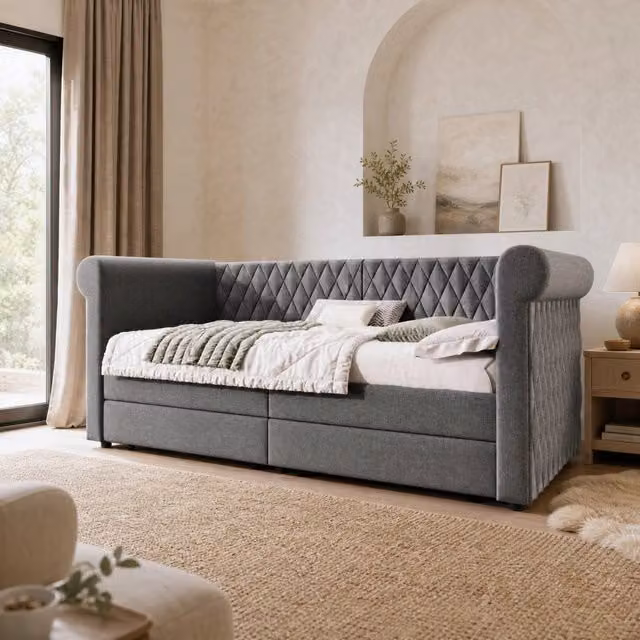Divano letto con due cassetti in lino grigio