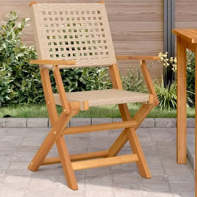Set di 2 sedie pieghevoli vidaXL in legno di acacia oliato e polyrattan beige con braccioli per giardino e terrazzo – 1