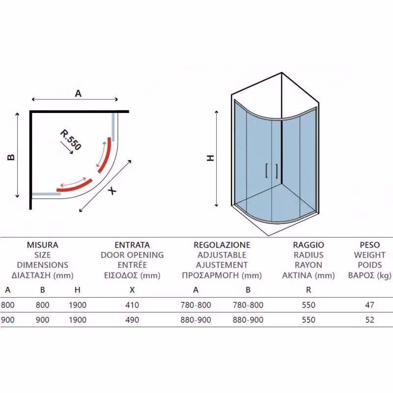 Pareti doccia ad angolo Karag EFE 200 a 1/4 di cerchio con vetro trasparente e finitura nera, L 90 cm x P 90 cm x H 190 cm – 2