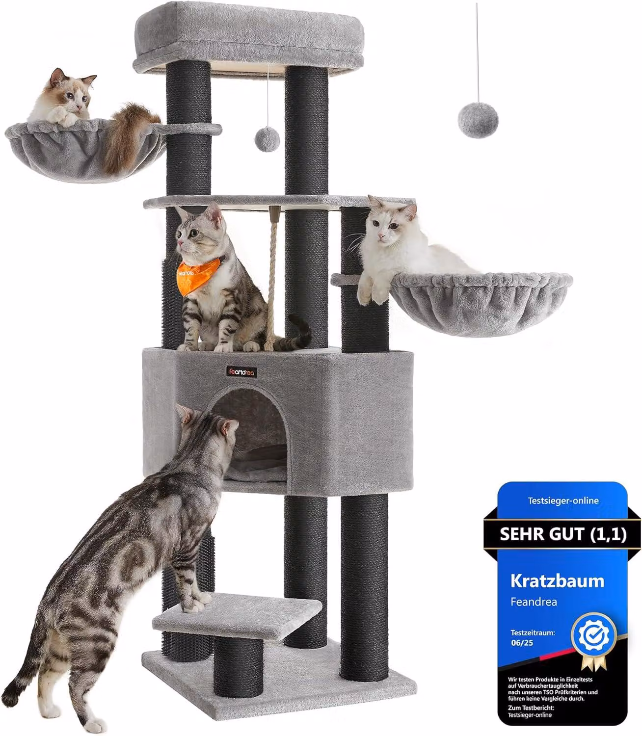Albero per gatti - Alto 160 cm - Con cuccia, piattaforma, 2 spazzole e colonne robuste per grattare