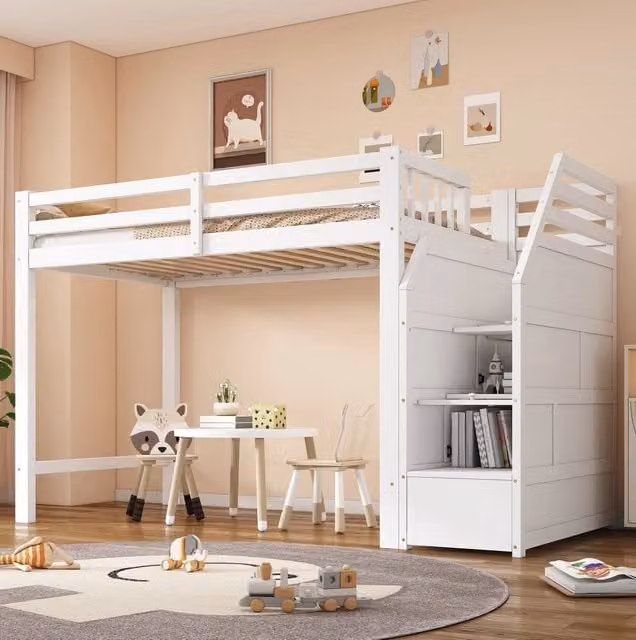 Letto a soppalco per bambini in legno di pino 90x200 cm con rete a doghe, gradini contenitore e sponda di sicurezza bianco