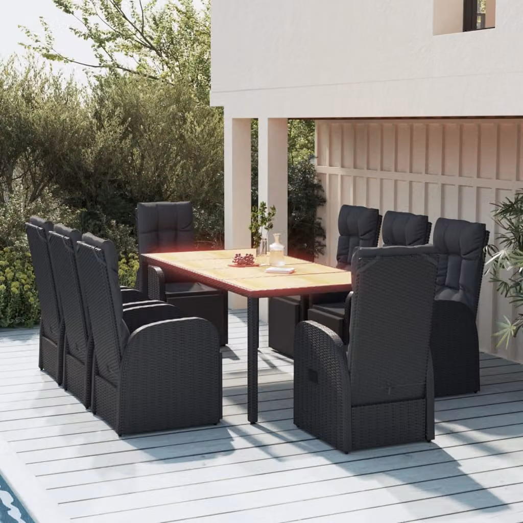 vidaXL Set Pranzo da Giardino Moderno 9 Pezzi in Polyrattan Nero e Legno di Acacia Oliato