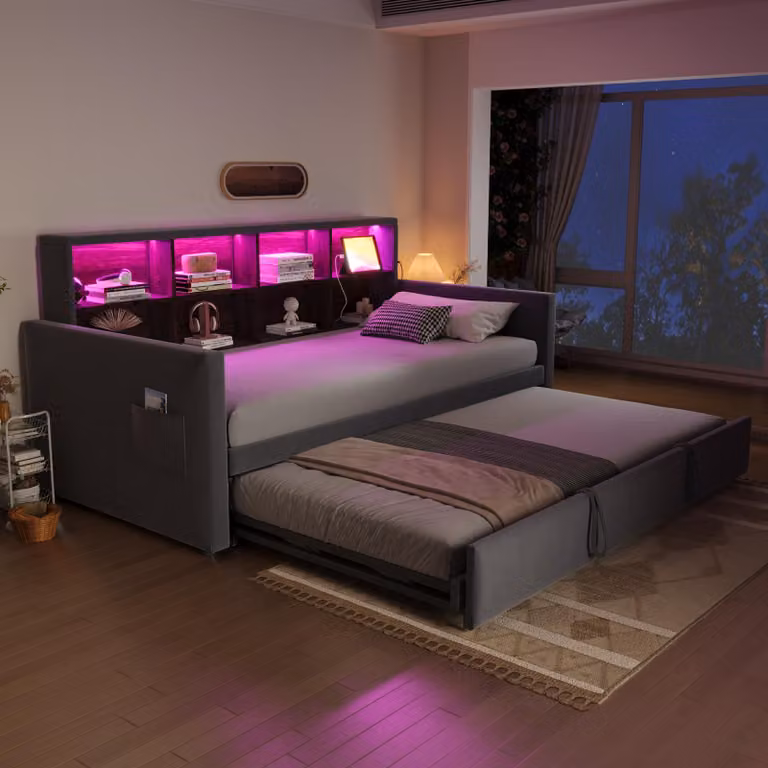 Divano letto Flieks per giovani 90x190cm con letto estraibile, daybed Daybed con Led, letto imbottito letto singolo con funzione di carico e contenitore, velluto grigio scuro