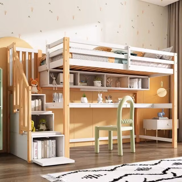 Letto a soppalco per bambini 90 × 200 cm con scrivania, scaffali e scala contenitore, senza materasso, bianco rovere