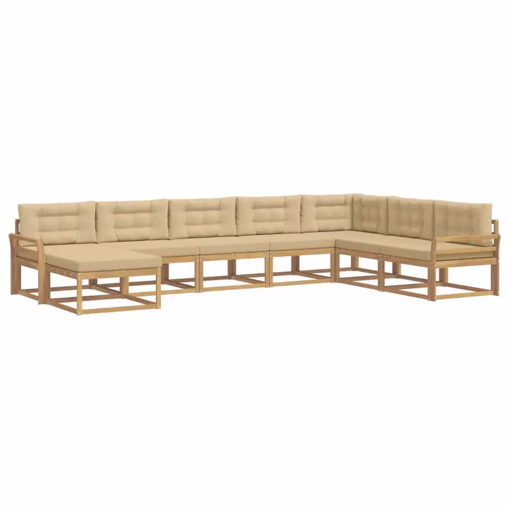 Set di divani da esterno a L vidaXL in legno di acacia con pouf e cuscini, Bianco e Beige – 2