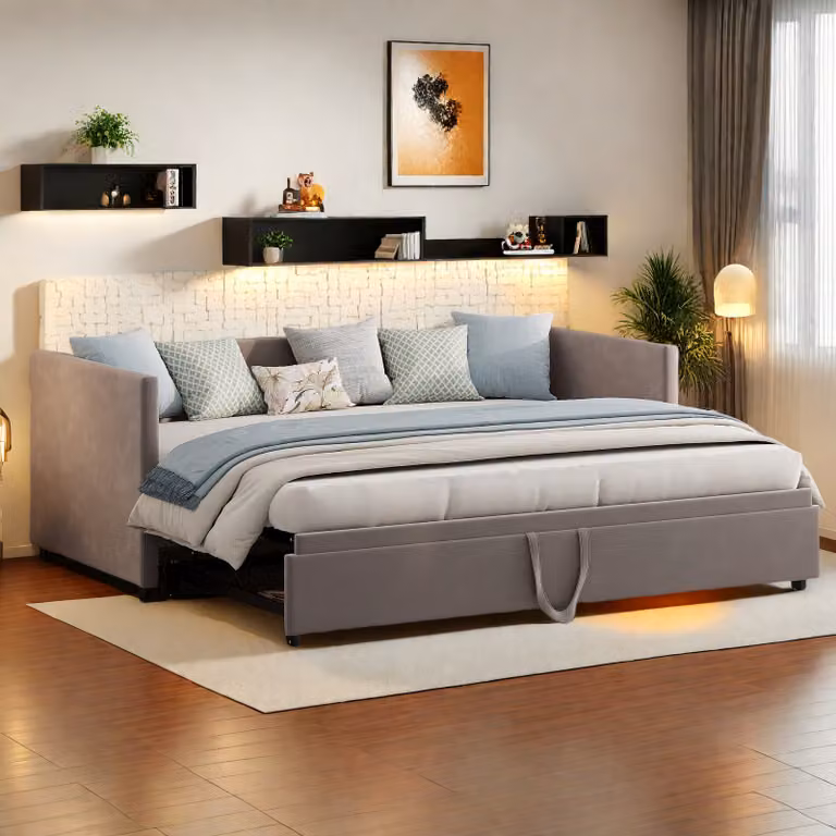 UnboxG divano letto 90x200/180x200cm con letto estraibile, divano letto da giorno letto per bambini letto per ragazzi con rete a doghe, letto da giorno in velluto, grigio